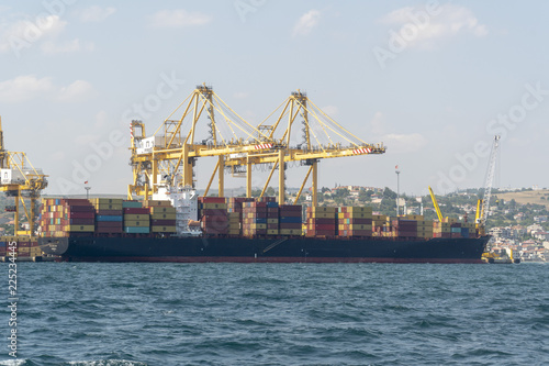 Docked container cargo ship at port.