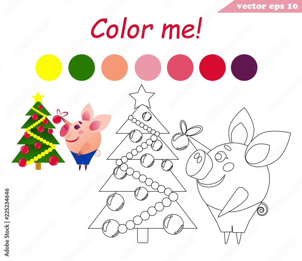coloring book with pig decorating tree