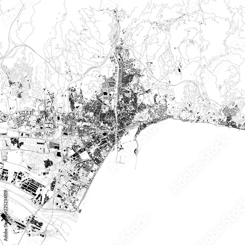 Cartina di Malaga, vista satellitare, mappa in bianco e nero. Stradario e mappa della città. Spagna