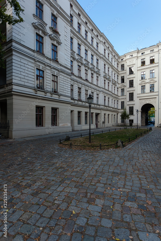 Old Building within the so-called Riehmers Hofgarten Complex in Berlin's Kreuzberg District, with Cobble Stone Street