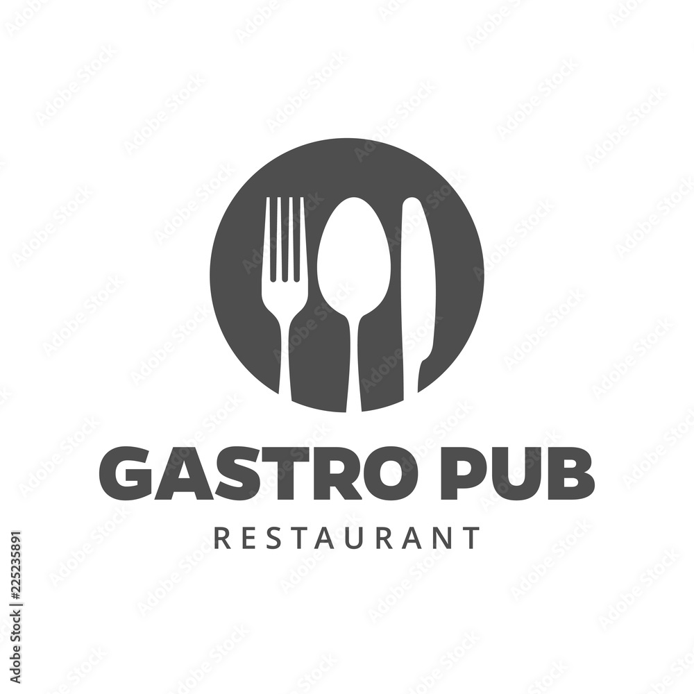 Food vector logo with fork, knife and spoon. Isolated sign. Cutlery in circle form with company or restaurant name Food vector logo with fork, knife and spoon. Isolated sign. Cutlery in circle form with company or restaurant name