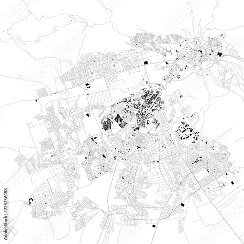 Cartina di Fez, Marocco, vista satellitare, mappa in bianco e nero. Stradario e mappa della città. Africa
