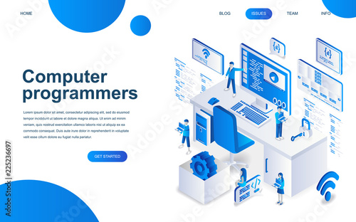 Modern isometric design concept of Computer Programmers for website and mobile website development. Isometric landing page template. Developer of project team of engineers. Vector illustration.