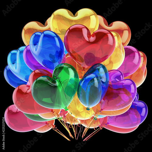 multicolored heart balloons colorful party decor red blue green yellow translucent. romantic birthday decoration glossy. 3d illustration, isolated on black
