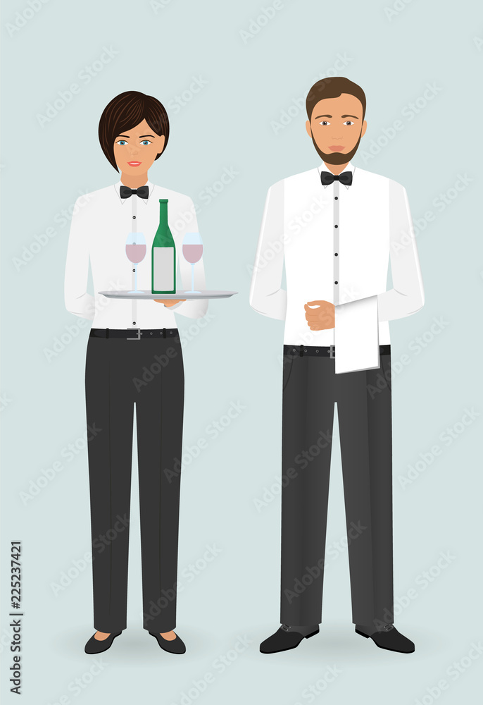 Food service occupation staff. Couple of male waiter and female waitress with dishes and in uniform. Food service occupation staff. Couple of male waiter and female waitress with dishes and in uniform.