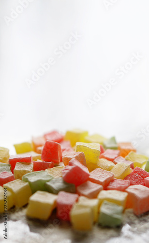 Colorful Traditional Turkish Delight on white background with copy space