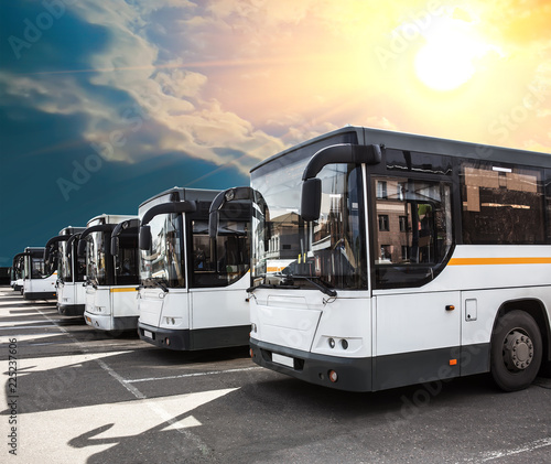 city buses in the parking lot under the sunny sky