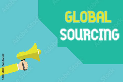 Writing note showing Global Sourcing. Business photo showcasing practice of sourcing from the global market for goods. photo