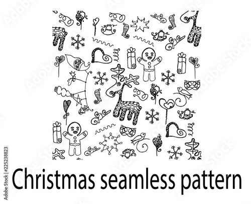 Christmas seamless pattern deer doodle cookies hearts gifts line