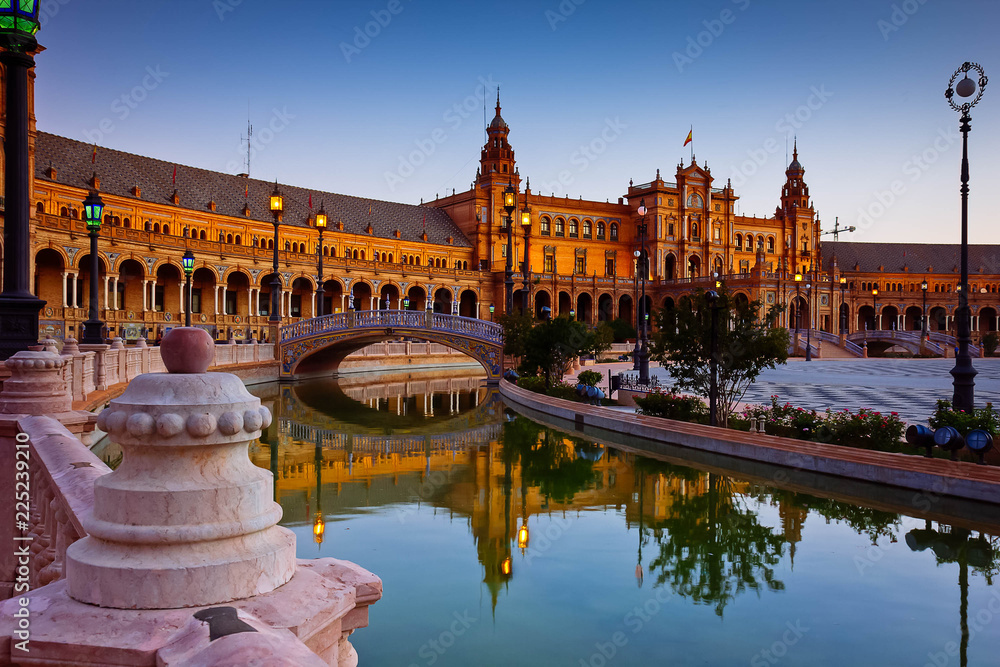 view of Square of Spain at night, Sevilla, Andalusia, Spain, toned
