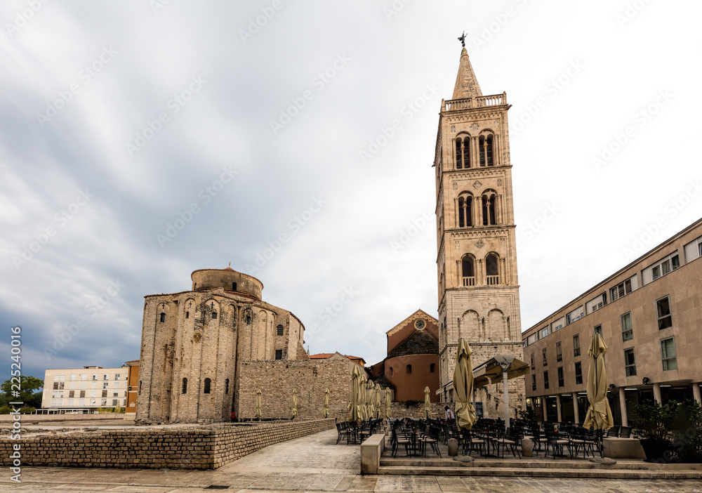 9th century church of St Donatus on the left and the bell tower of the Zadar Cathedral on the right in Zadar, Croatia