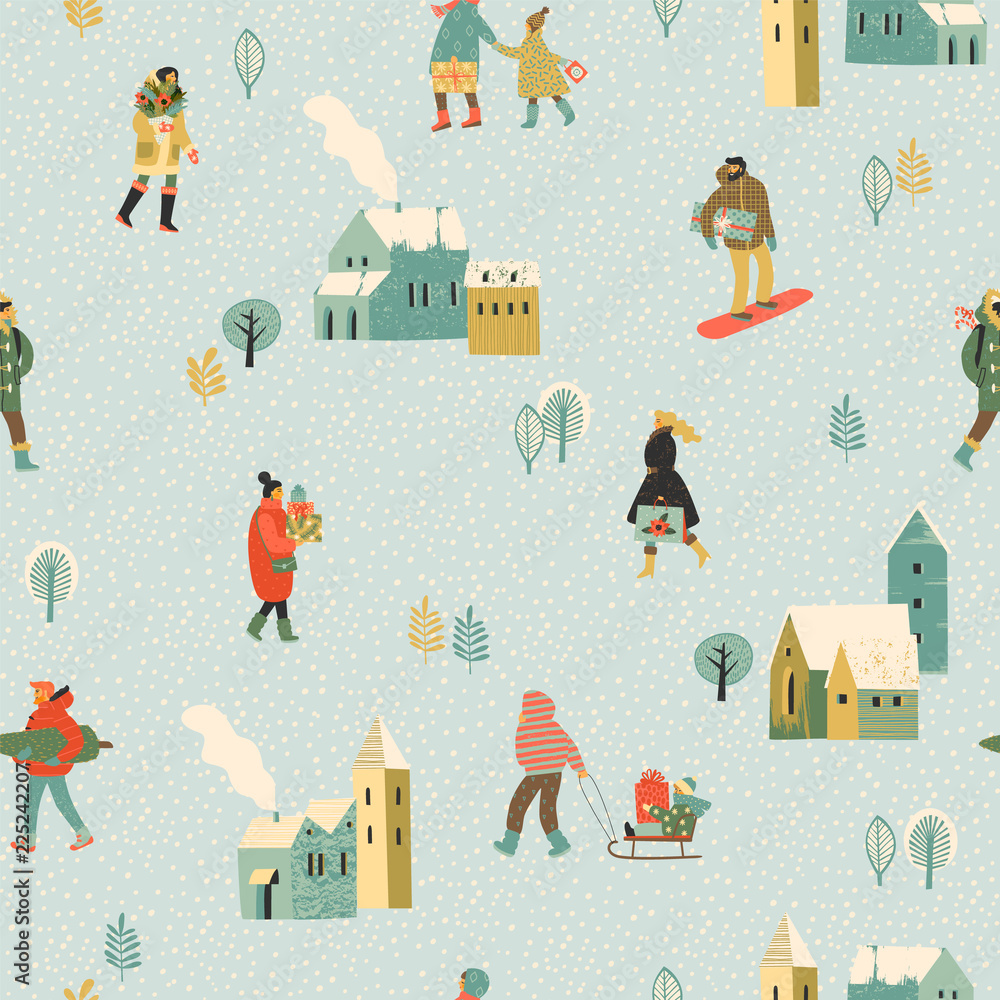 Obraz premium Christmas and Happy New Year seamless pattern whit people. Trendy retro style.