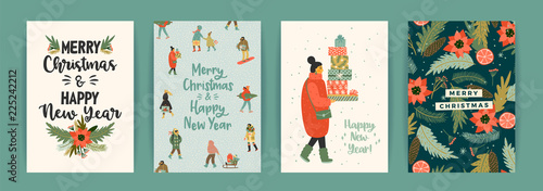 Christmas and Happy New Year templates. Trendy retro style.