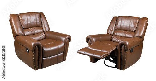 Brown Leather recliner chair isolated on white background photo