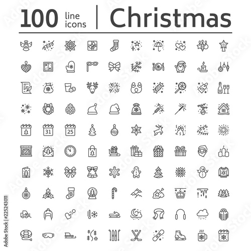 Merry Christmas, new year flat line icons. Gifts, snowflakes, presents, letter to santa claus, decoration, winter sport vector illustrations. Thin signs xmas sale. Pixel perfect 48x48. Editable Stroke