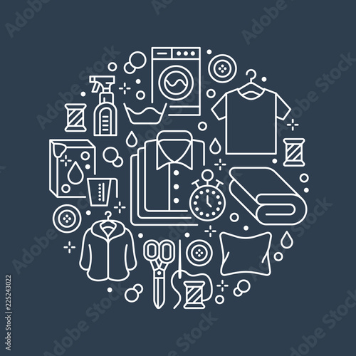 Dry cleaning, banner illustration with flat line icons. Laundry service equipment, washing machine, clothing shoe leather repair, garment, shirts. Circle template thin linear signs launderette poster.