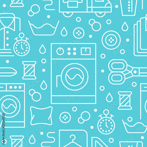 Dry cleaning, laundry blue seamless pattern with line icons. Laundromat service equipment, washing machine, clothing repair, garment delivery. Background for launderette.
