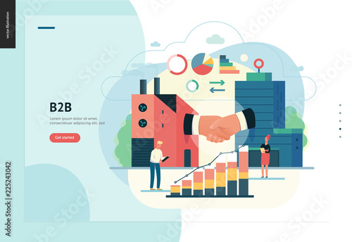 Business series, color 1 - b2b. business to business - modern flat vector illustration concept of b2b - a factory and a corporate buildings shaking their hands. Creative landing page design template