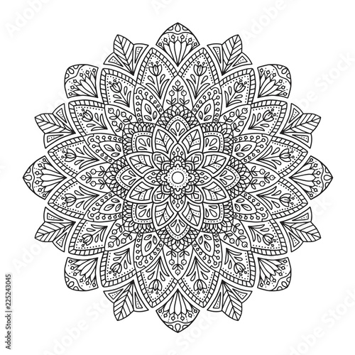 Black indian mandala on white background. Decorative flower drawing for meditation coloring book. Ethnic floral design element, round hand drawn illustration, line art.