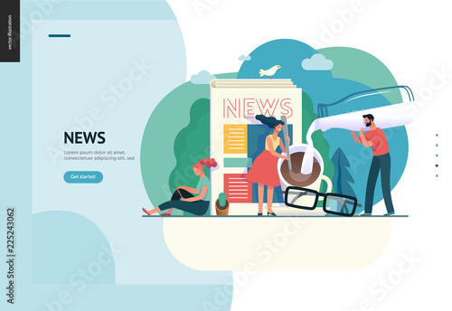 Business series, color 1 -news or articles -modern flat vector illustration concept of people preparing coffee with milk and woman reading news on phone, glasses. Creative landing page design template