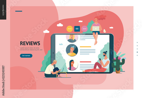 Business series, color 1 - reviews -modern flat vector illustration concept of people writing reviews and the review page on the tablet screen. Creative landing page or company product design template