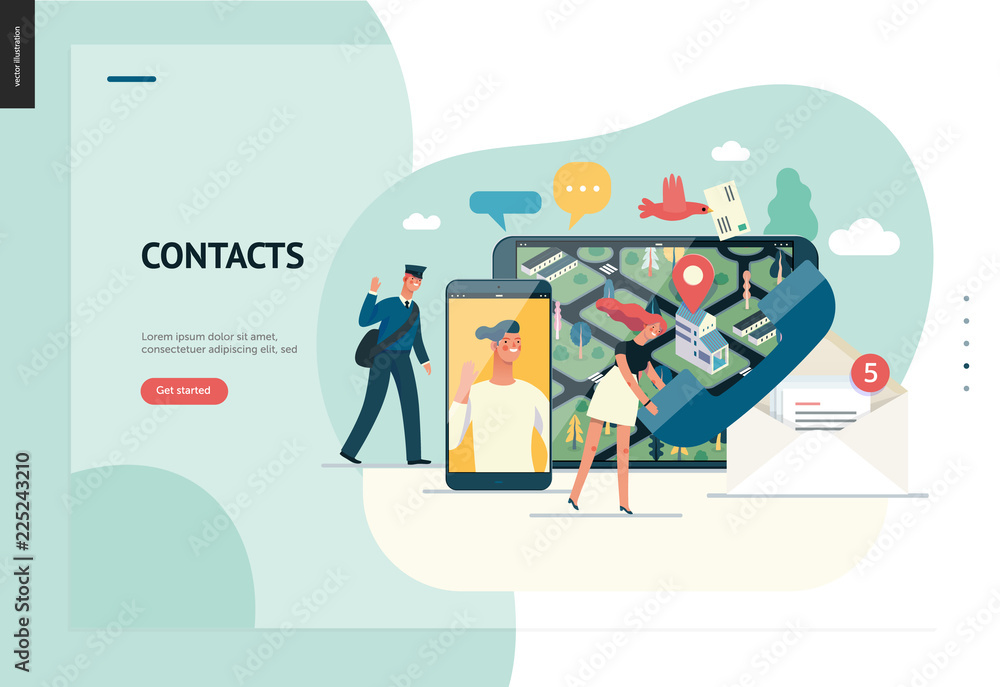 Business series, color 1 - contacts - modern flat vector illustration concept of intercommunicators. Connection ways and tools -web, phone, chat, messenger, post. Creative landing page design template
