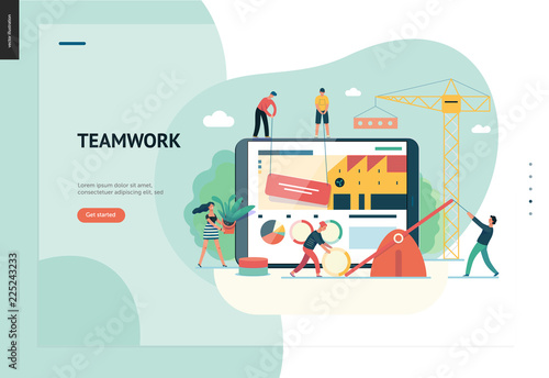Business series, color 1 -company, teamwork, collaboration -modern flat vector illustration concept of people making web page design Business workflow management. Creative landing page design template