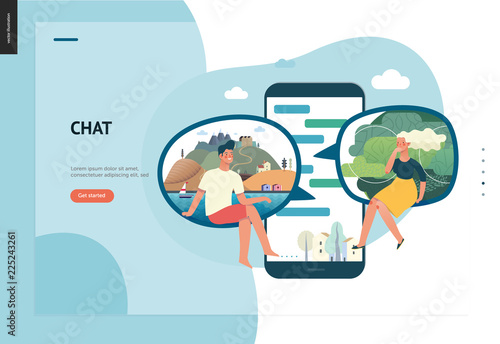 Business series, color 1 - chat - modern flat vector illustration concept of people chating in messenger and the chat app on the phone screen. Creative landing page or company support design template