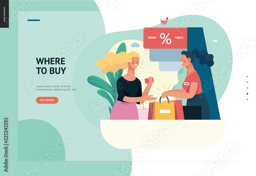 Business series, color 1 - where to buy - modern flat vector illustration concept of a customer and a shop assistant. Selling interaction and purchasing process. Creative landing page design template