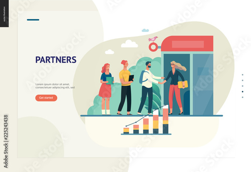 Business series, color 1 - partners -modern flat vector illustration concept of people shaking their hands in the office entrance. Business workflow management. Creative landing page design template
