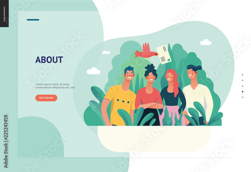 Business series, color 1 - about company, contact -modern flat vector concept illustration of a company employees posing together. Business workflow management. Creative landing page design template
