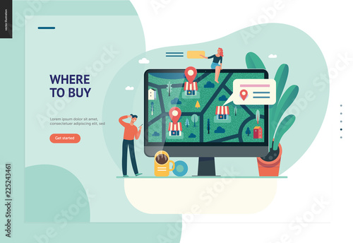 Business series, color 1 - where to buy - modern flat vector concept illustration of map, marked shops, computer screen Selling interaction and purchasing process Creative landing page design template