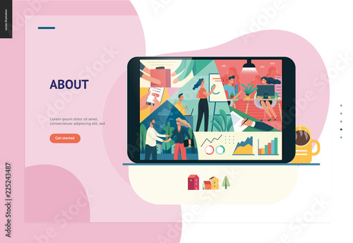 Business series, color 1- about company, office life -modern flat vector concept illustration of a company employees in workspace. Business workflow management. Creative landing page design template