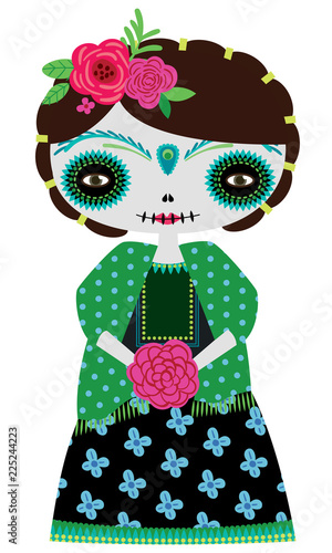 Vector green catrina doll holding flower bouquet in a white background. Inspired by day of the dead and perfect for halloween