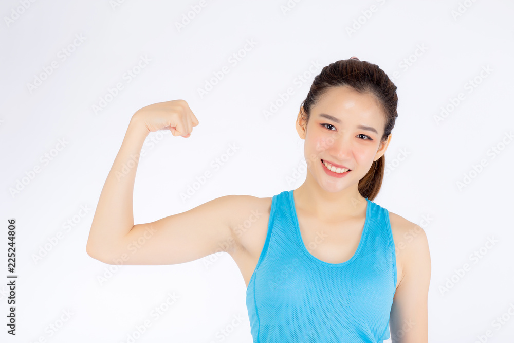 Beautiful portrait asian woman wear sport clothes have strong and muscle with health, girl show biceps with exercise and workout for wellness isolated on white background, strength and fit concept. Beautiful portrait asian woman wear sport clothes have strong and muscle with health, girl show biceps with exercise and workout for wellness isolated on white background, strength and fit concept.