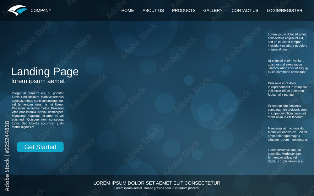 Website landing page design template. Blue blurred vector background with bokeh effect