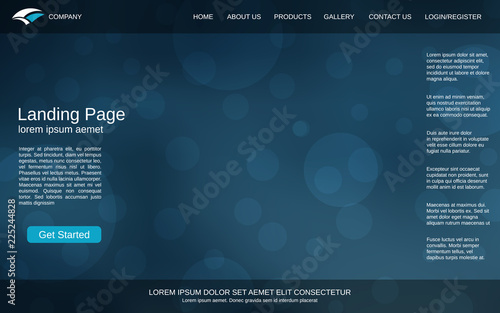 Website landing page design template. Blue blurred vector background with bokeh effect