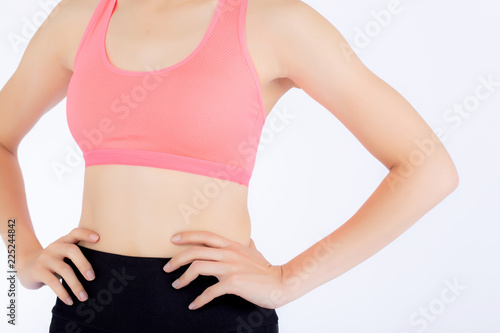 Asian woman in sport clothes and body diet and slim with measuring waist for weight isolated on white background, girl exercise have cellulite and calories loss, health and wellness concept. © N_studio