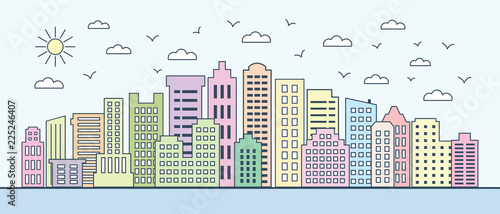 Pastel colored buildings. Colorful skyscrapers. Colored big city scape. Urban landscape with business buildings. Vector illustration of modern city buildings. Cartoon big city.