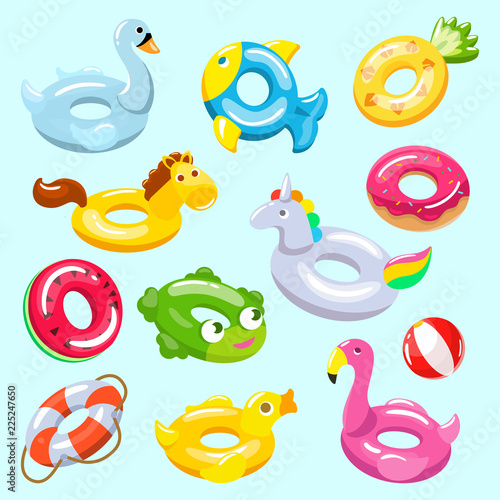 Inflatable vector inflated swimming ring and life-ring in pool for summer vacation illustration set of inflation rubber toys flamingo or unicorn isolated on background