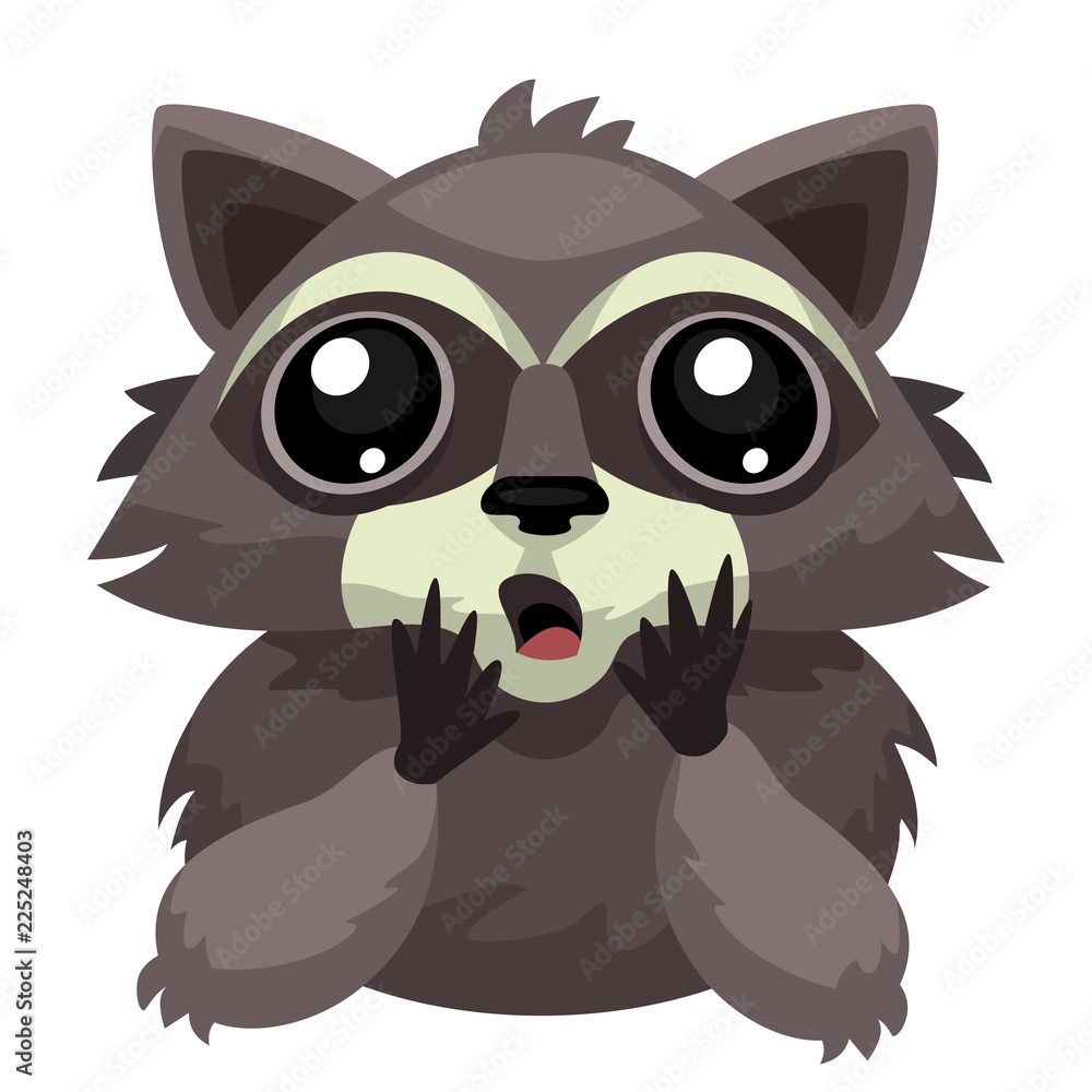Cartoon scared, surprised raccoon character
