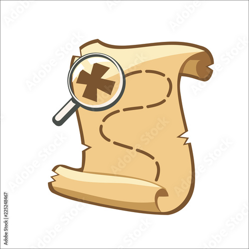 Cartoon old scroll with magnifying glass and a treasure map