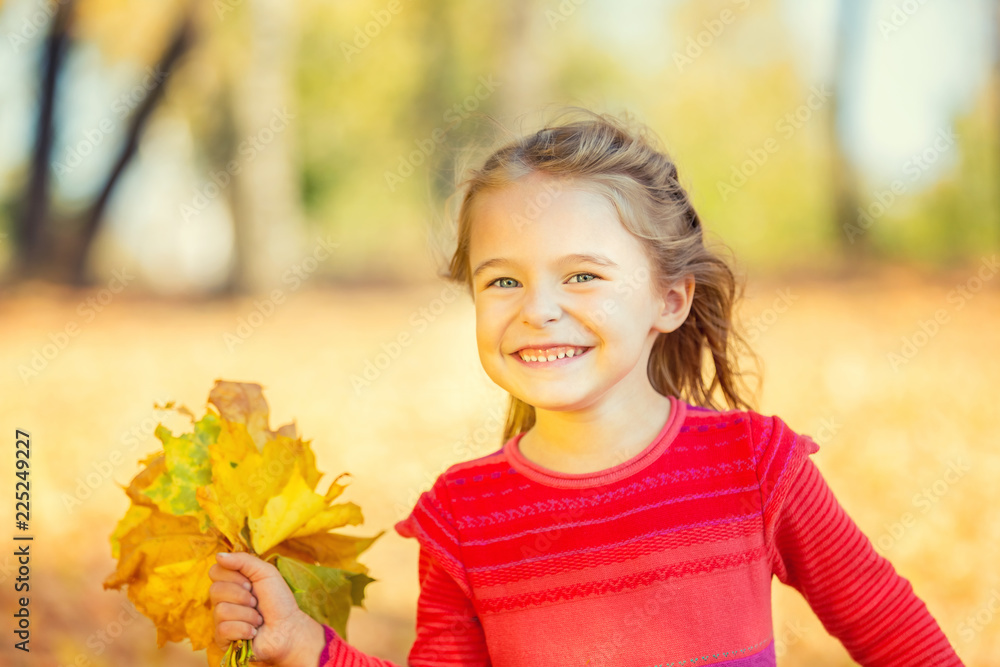 Happy little girl with autumn leaves in the park Happy little girl with autumn leaves in the park