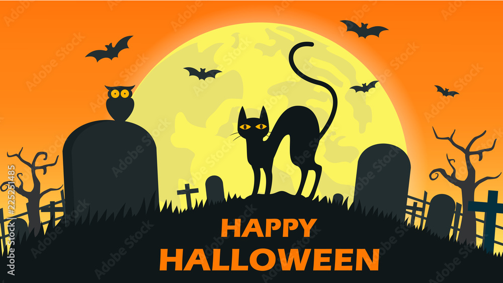 Halloween background with cat devil in graveyard and the full moon - Vector illustration