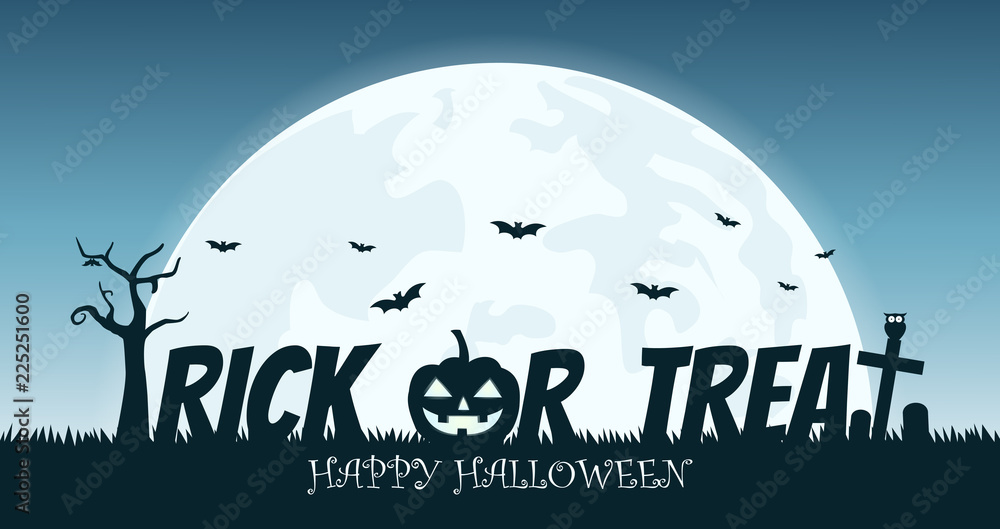 Trick or Treat Halloween with smile pumpkin devil in graveyard on full moon background