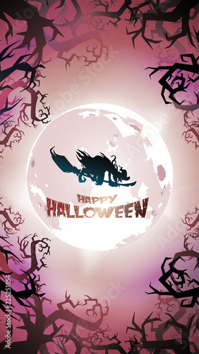 Spooky night background with full moon, scary trees and forest silhouettes. Halloween banner with copy space for greetings,for text promo or invitation to a party. Vector illustration