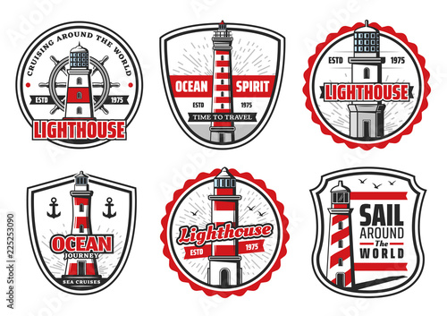 Vector icons of sea or ocean lighthouse