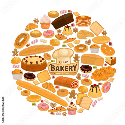 Vector bread and pastry sweets for bakery shop