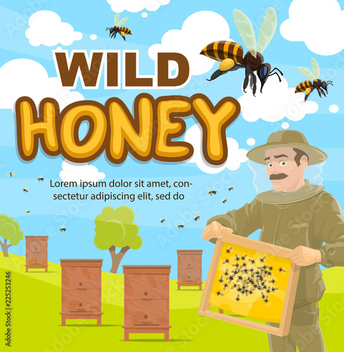 Vector poster beekeeper at beekeeping apiary