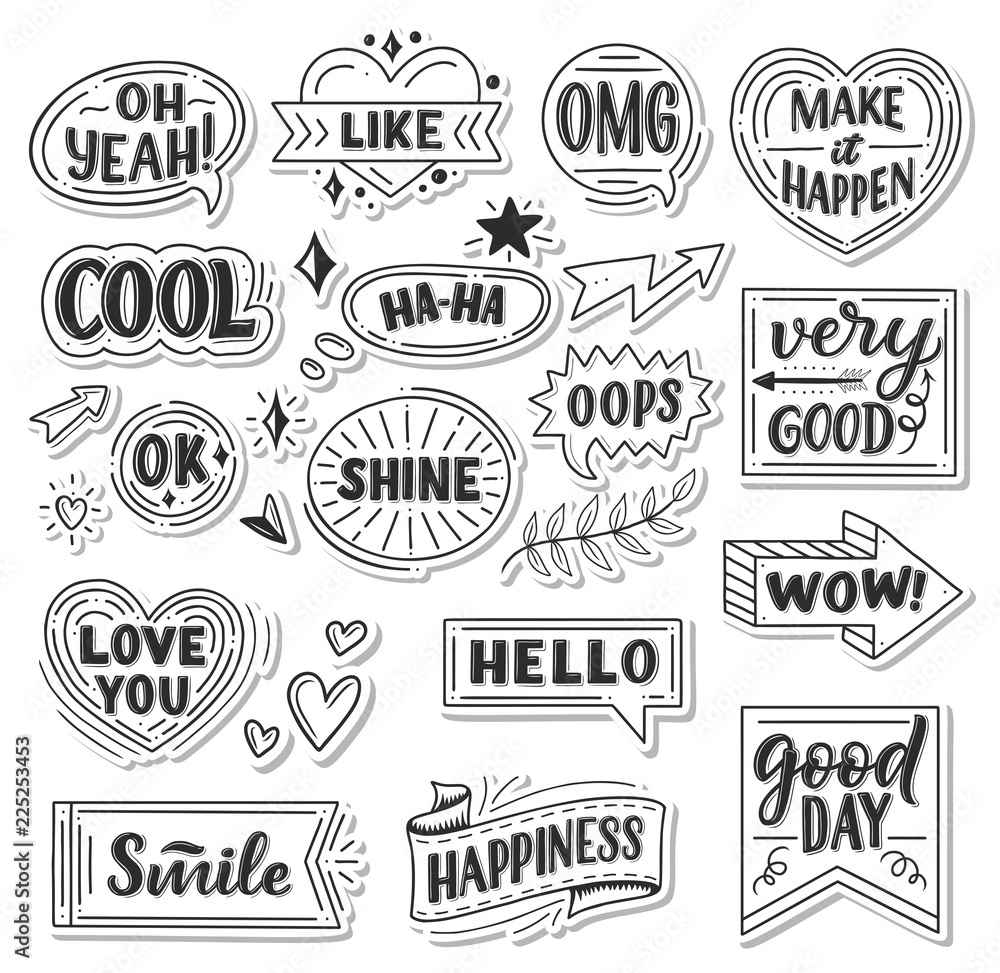 Vector stickers of quotes and sound blasts